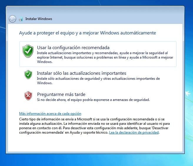 Configuración recomendada de Windows7